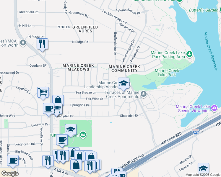map of restaurants, bars, coffee shops, grocery stores, and more near 4900 Spoon Drift Drive in Fort Worth