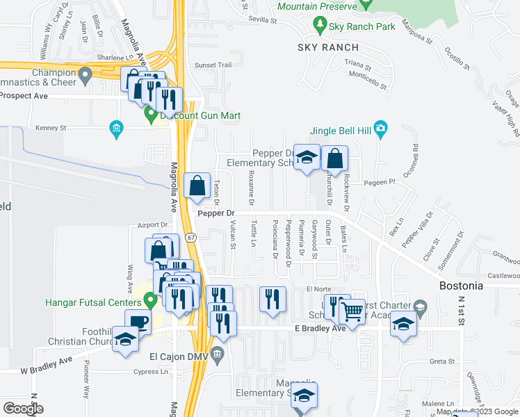 map of restaurants, bars, coffee shops, grocery stores, and more near 520 Pepper Drive in El Cajon
