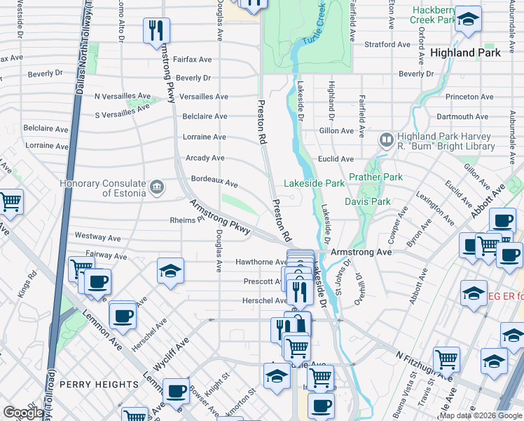 map of restaurants, bars, coffee shops, grocery stores, and more near 4200 Bordeaux Avenue in Dallas