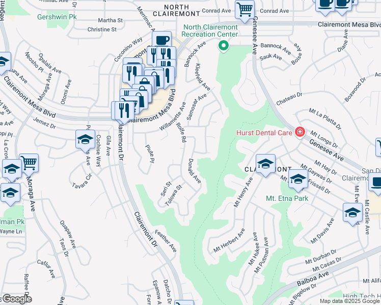 map of restaurants, bars, coffee shops, grocery stores, and more near 4496 Donald Avenue in San Diego