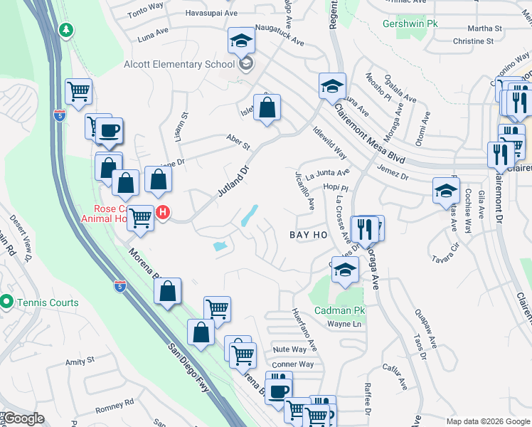 map of restaurants, bars, coffee shops, grocery stores, and more near 4528 Caminito Pedernal in San Diego