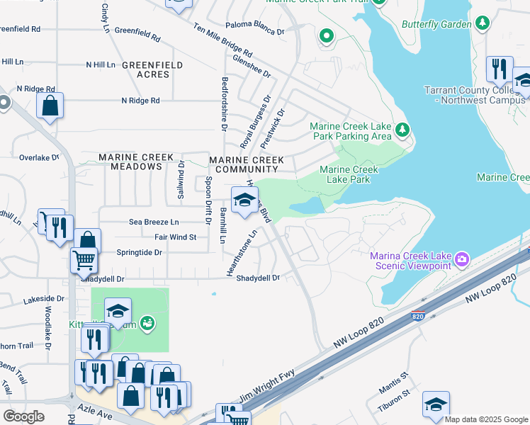 map of restaurants, bars, coffee shops, grocery stores, and more near 4800 Huffines Boulevard in Fort Worth