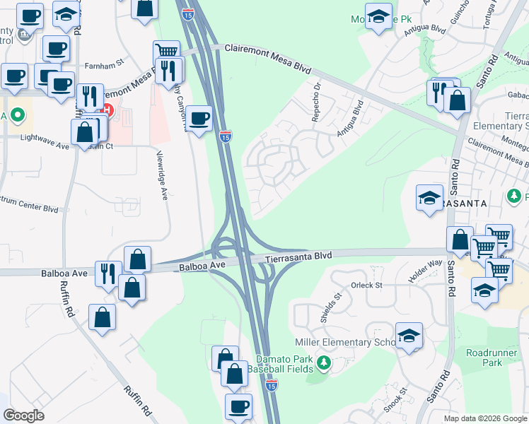 map of restaurants, bars, coffee shops, grocery stores, and more near 9743 Caminito Del Marfil in San Diego