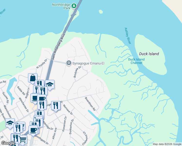 map of restaurants, bars, coffee shops, grocery stores, and more near 38 Brisbane Drive in Charleston