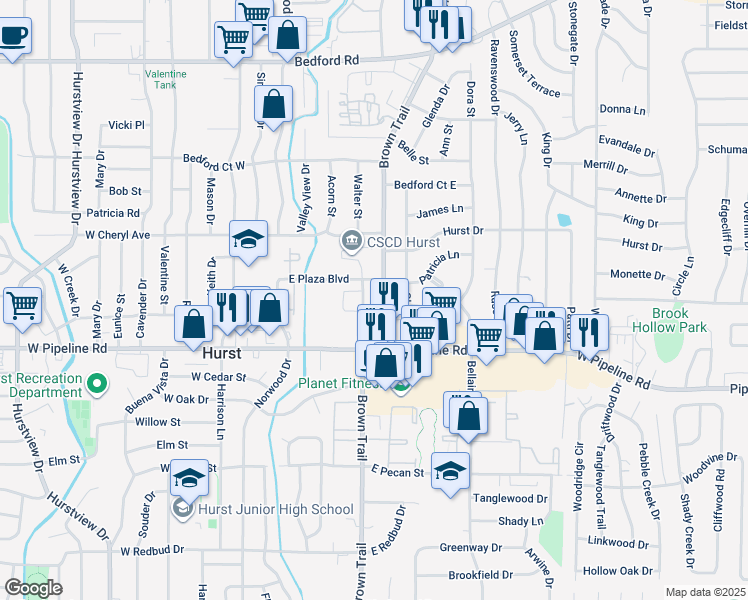 map of restaurants, bars, coffee shops, grocery stores, and more near 817 Plaza Boulevard in Bedford