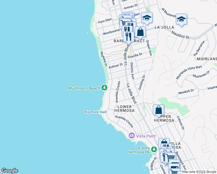 map of restaurants, bars, coffee shops, grocery stores, and more near in San Diego