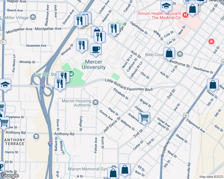 map of restaurants, bars, coffee shops, grocery stores, and more near 320 Elizabeth Street in Macon