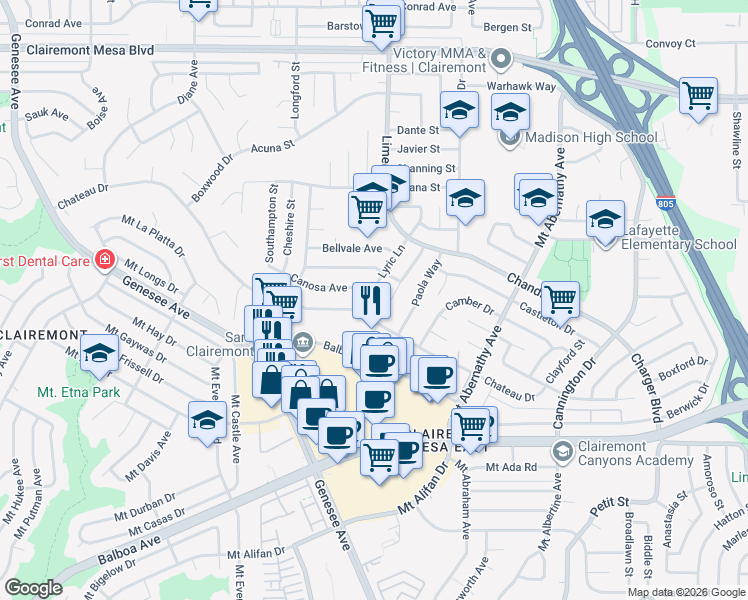 map of restaurants, bars, coffee shops, grocery stores, and more near 5174 Canosa Avenue in San Diego