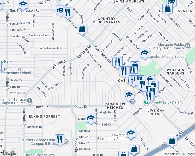 map of restaurants, bars, coffee shops, grocery stores, and more near 4506 Sherwood Drive in Mesquite