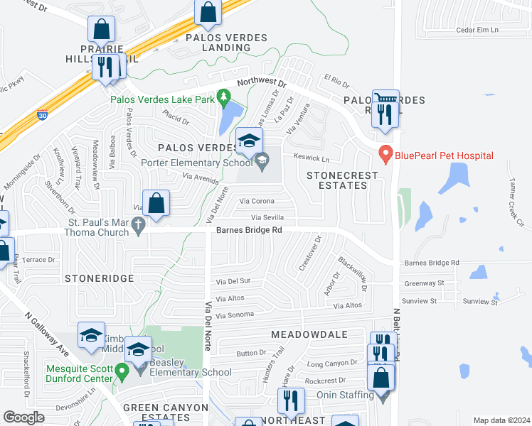 map of restaurants, bars, coffee shops, grocery stores, and more near 601 Via Sevilla in Mesquite