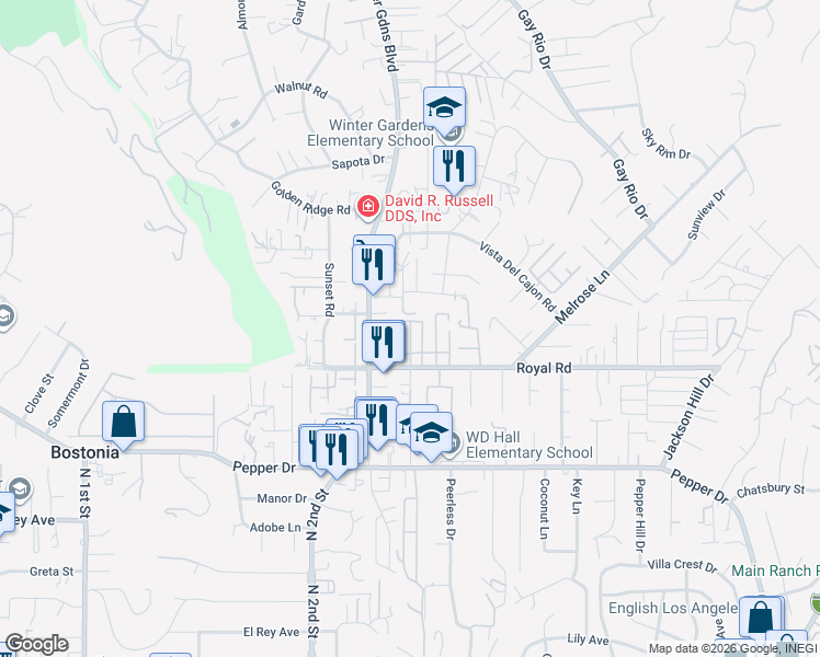 map of restaurants, bars, coffee shops, grocery stores, and more near in Winter Gardens