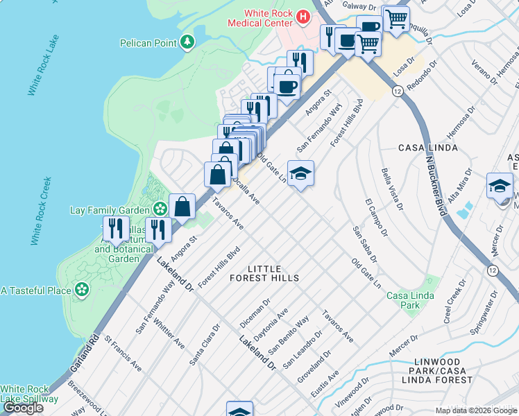 map of restaurants, bars, coffee shops, grocery stores, and more near 9010 San Fernando Way in Dallas