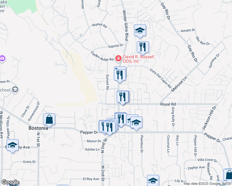 map of restaurants, bars, coffee shops, grocery stores, and more near 8150 Winter Gardens Boulevard in Lakeside