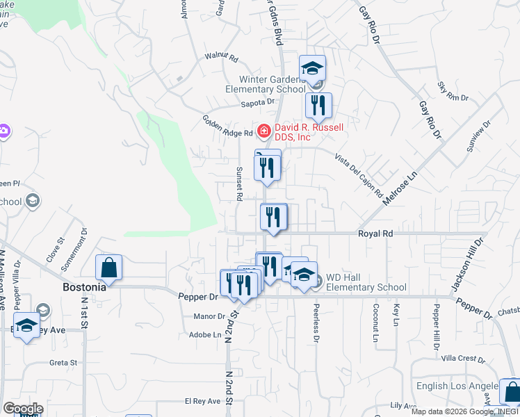 map of restaurants, bars, coffee shops, grocery stores, and more near 8150 Winter Gardens Boulevard in Lakeside