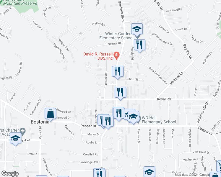 map of restaurants, bars, coffee shops, grocery stores, and more near 11924 Orchard Road in Lakeside