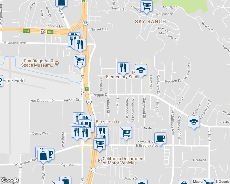 map of restaurants, bars, coffee shops, grocery stores, and more near 1320 Roxanne Drive in El Cajon