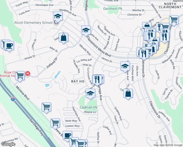 map of restaurants, bars, coffee shops, grocery stores, and more near 4517 Moraga Avenue in San Diego