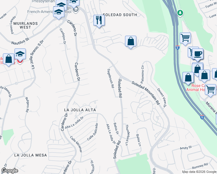 map of restaurants, bars, coffee shops, grocery stores, and more near 5910 Sagebrush Road in San Diego