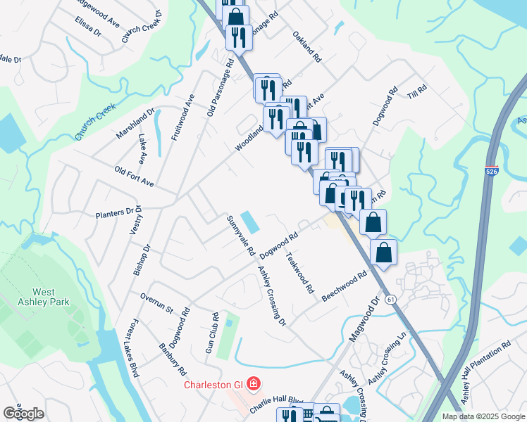 map of restaurants, bars, coffee shops, grocery stores, and more near 2455 Ashley River Road in Charleston