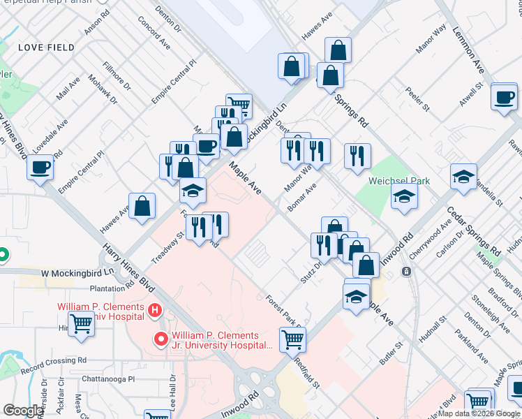 map of restaurants, bars, coffee shops, grocery stores, and more near 6324 Maple Avenue in Dallas
