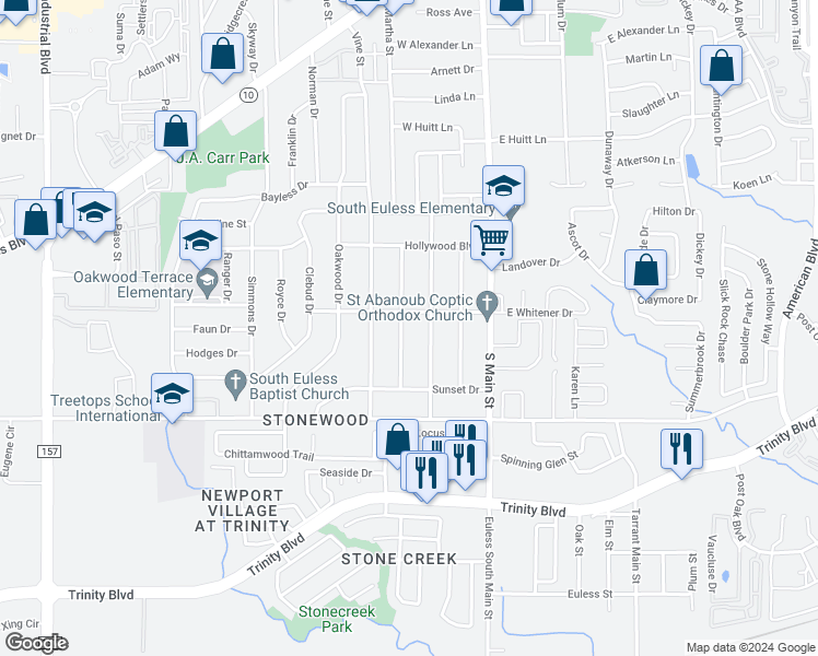 map of restaurants, bars, coffee shops, grocery stores, and more near 216 Whitener Road in Euless