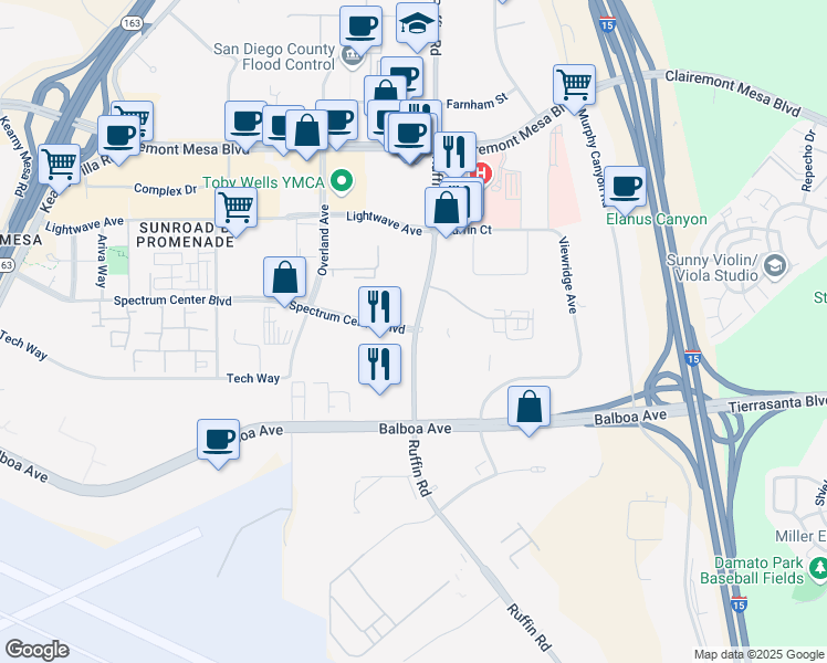 map of restaurants, bars, coffee shops, grocery stores, and more near 8817 Spectrum Center Blvd in San Diego