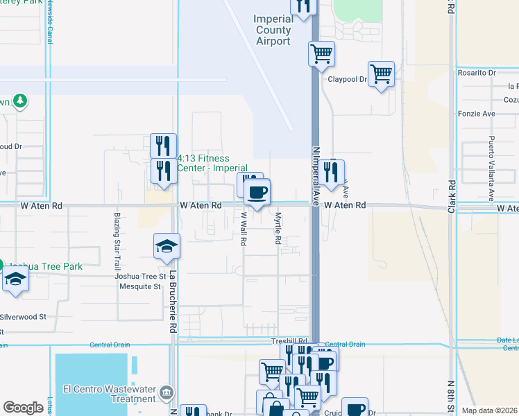 map of restaurants, bars, coffee shops, grocery stores, and more near 447 West Aten Road in Imperial