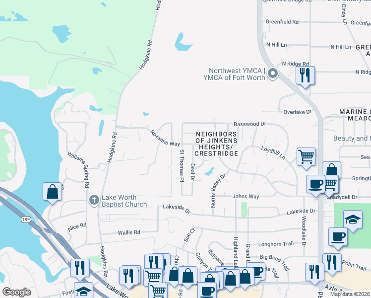 map of restaurants, bars, coffee shops, grocery stores, and more near 4820 St Thomas Pl in Fort Worth