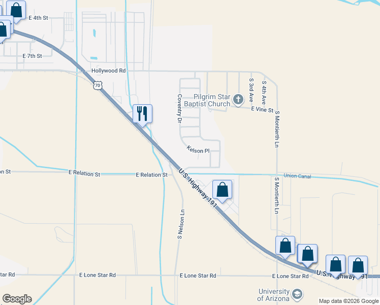 map of restaurants, bars, coffee shops, grocery stores, and more near 1330 Kelson Place in Safford