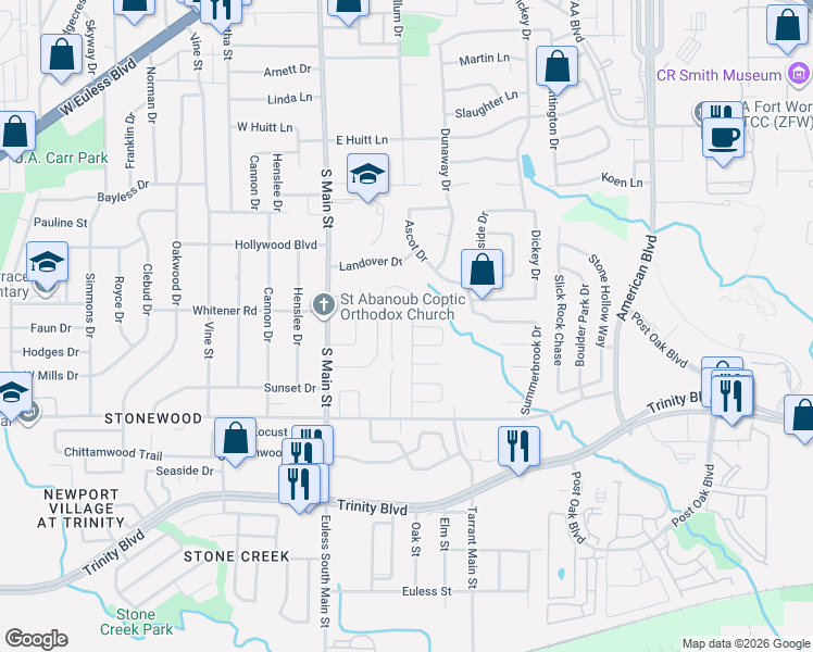 map of restaurants, bars, coffee shops, grocery stores, and more near 317 Cliffdale Drive in Euless