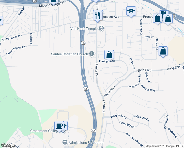 map of restaurants, bars, coffee shops, grocery stores, and more near 8109 Calle Fanita in Santee