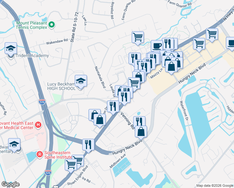 map of restaurants, bars, coffee shops, grocery stores, and more near 1613 Lauda Drive in Mount Pleasant
