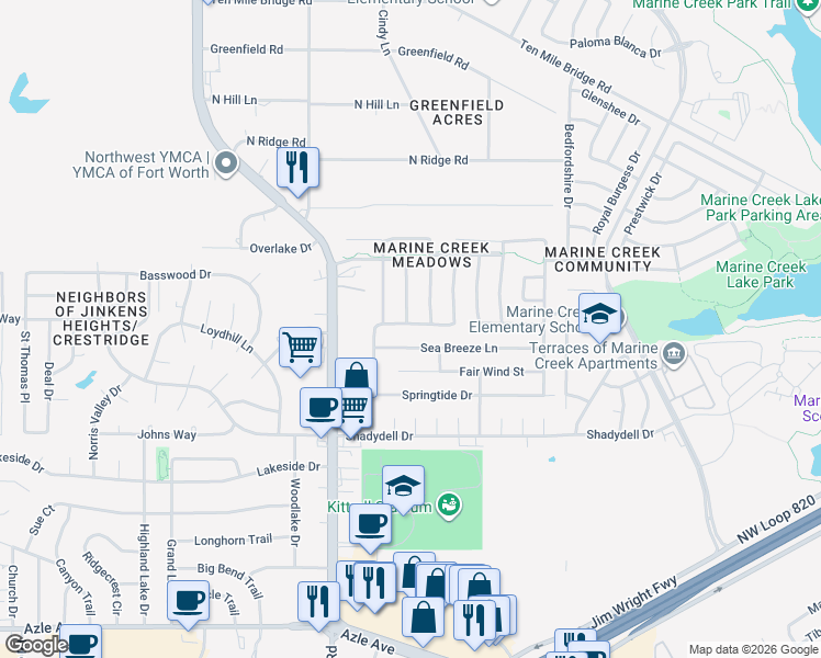 map of restaurants, bars, coffee shops, grocery stores, and more near 5921 Starboardway Drive in Fort Worth