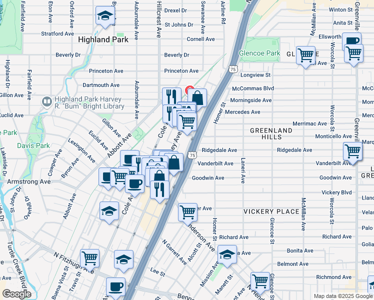 map of restaurants, bars, coffee shops, grocery stores, and more near 4847 North Central Expressway in Dallas