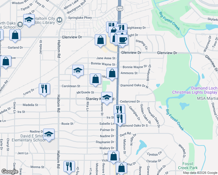 map of restaurants, bars, coffee shops, grocery stores, and more near 4117 Denton Highway in Haltom City