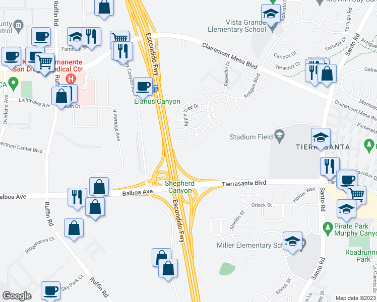 map of restaurants, bars, coffee shops, grocery stores, and more near 9768 Caminito Del Marfil in San Diego