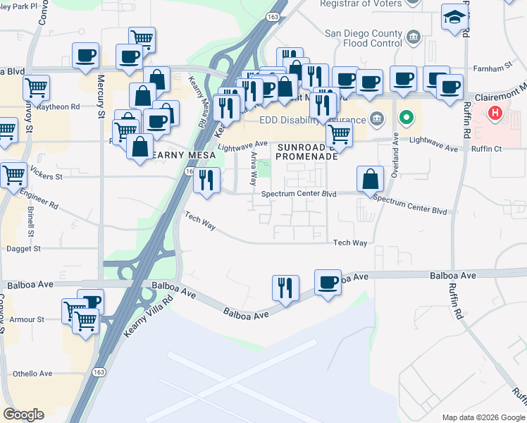map of restaurants, bars, coffee shops, grocery stores, and more near 8728 Esplanade Park Lane in San Diego