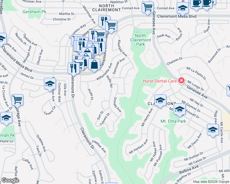 map of restaurants, bars, coffee shops, grocery stores, and more near 4527 Donald Avenue in San Diego