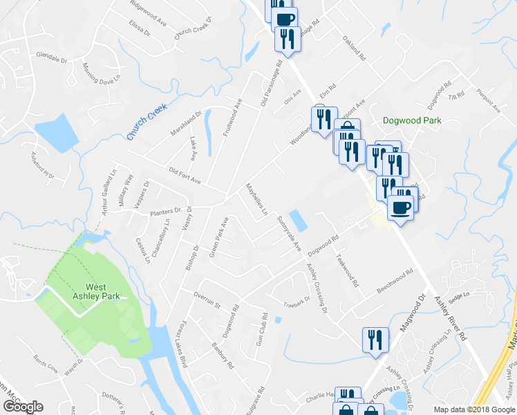 map of restaurants, bars, coffee shops, grocery stores, and more near 2021 Maybelles Lane in Charleston