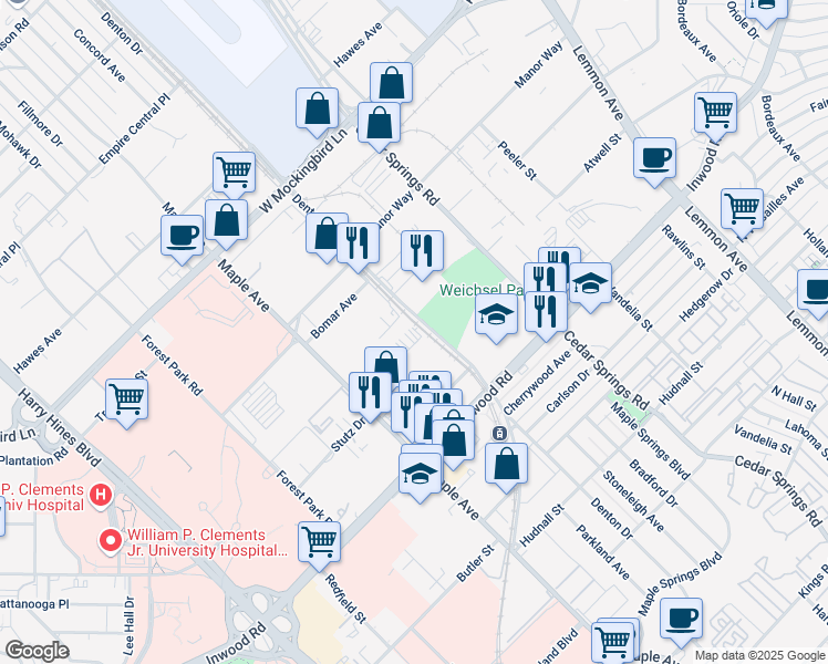 map of restaurants, bars, coffee shops, grocery stores, and more near 6025 Owens Street in Dallas