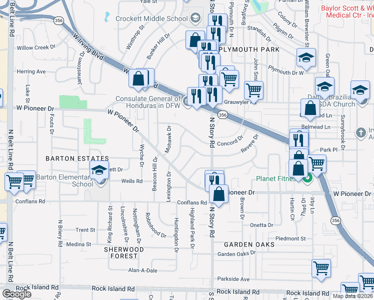 map of restaurants, bars, coffee shops, grocery stores, and more near 2445 Revere Drive in Irving