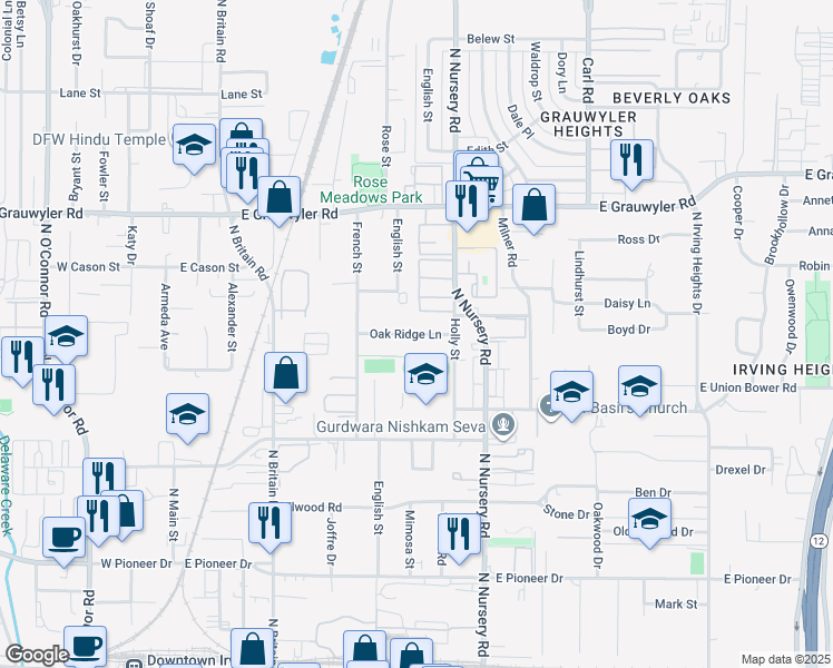 map of restaurants, bars, coffee shops, grocery stores, and more near in Farmers Branch
