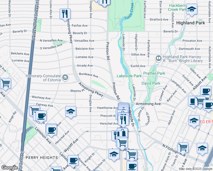 map of restaurants, bars, coffee shops, grocery stores, and more near 4200 Bordeaux Avenue in Dallas