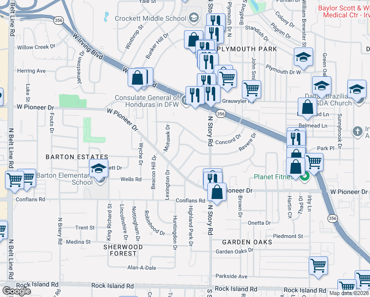 map of restaurants, bars, coffee shops, grocery stores, and more near 2445 Revere Drive in Irving