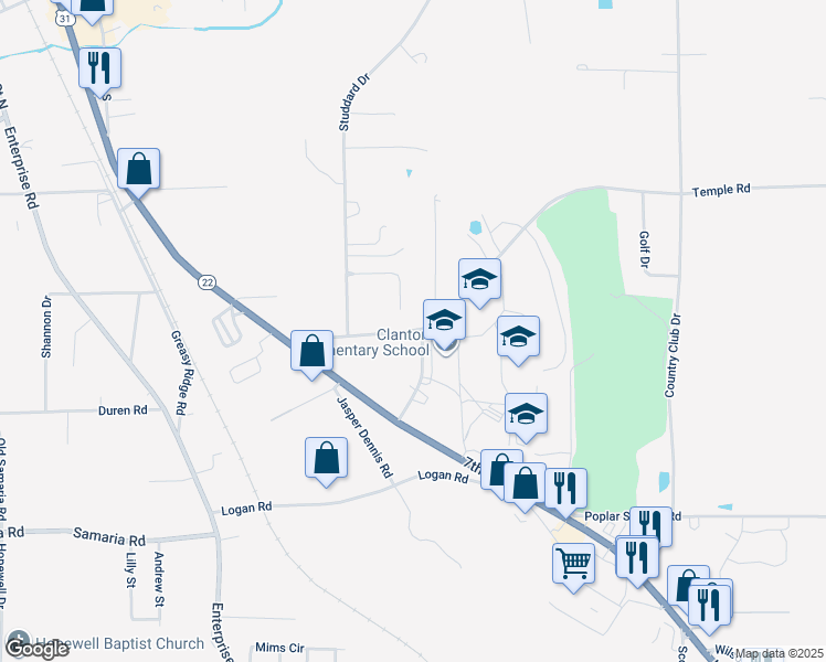 map of restaurants, bars, coffee shops, grocery stores, and more near 825 Temple Road in Clanton