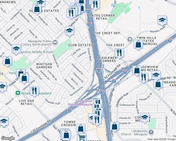 map of restaurants, bars, coffee shops, grocery stores, and more near 2416 Doral in Mesquite