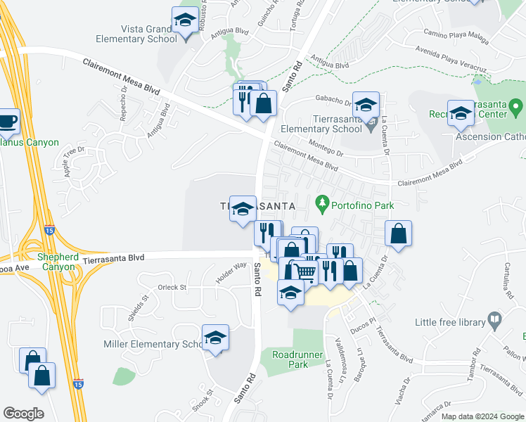 map of restaurants, bars, coffee shops, grocery stores, and more near 10567 Porto Court in San Diego