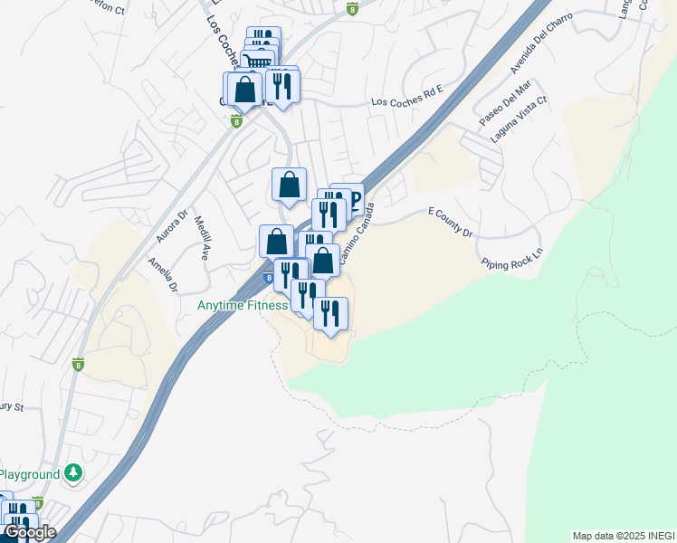map of restaurants, bars, coffee shops, grocery stores, and more near Los Coches Road & Camino Canada in El Cajon