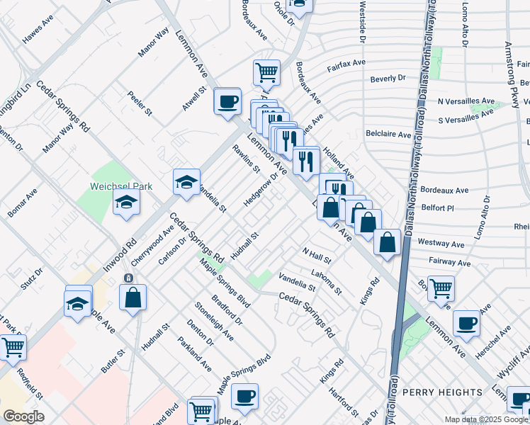 map of restaurants, bars, coffee shops, grocery stores, and more near 3327 Hudnall Street in Dallas