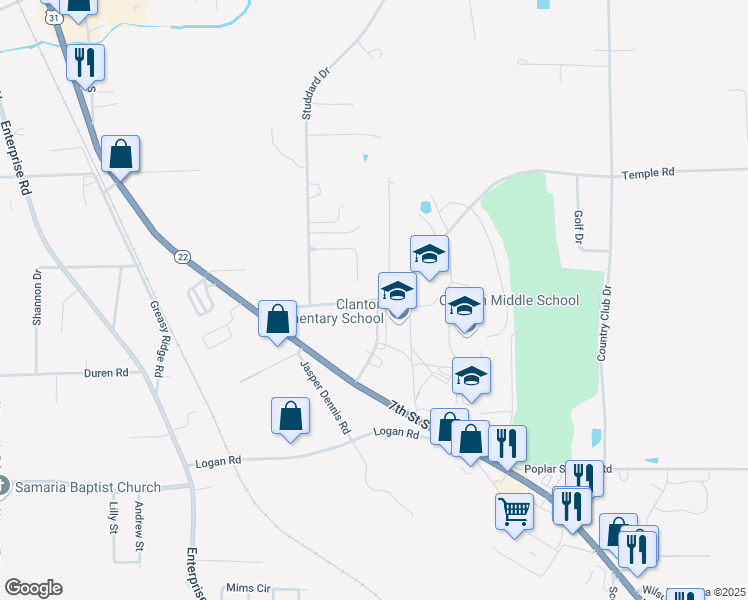 map of restaurants, bars, coffee shops, grocery stores, and more near 835 Temple Road in Clanton